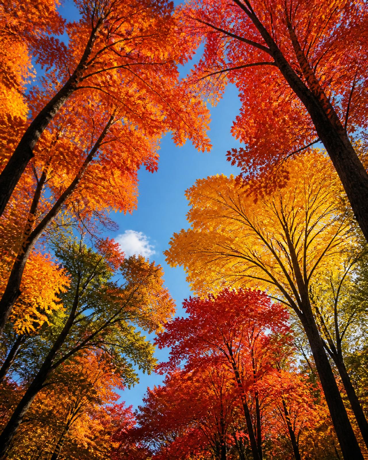 Autumn canopy of mature hardwood trees against a blue sky